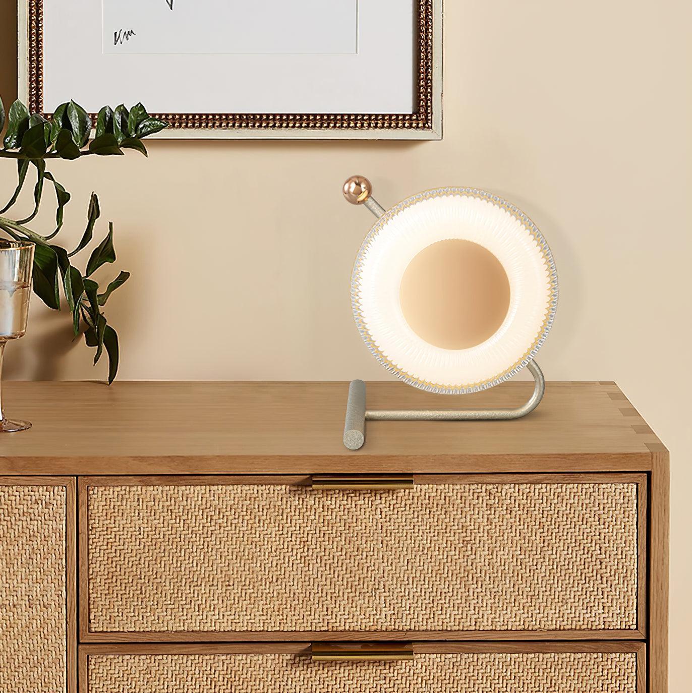 Modern circular table lamp with touch switch on wooden dresser in contemporary room, YH Lamps