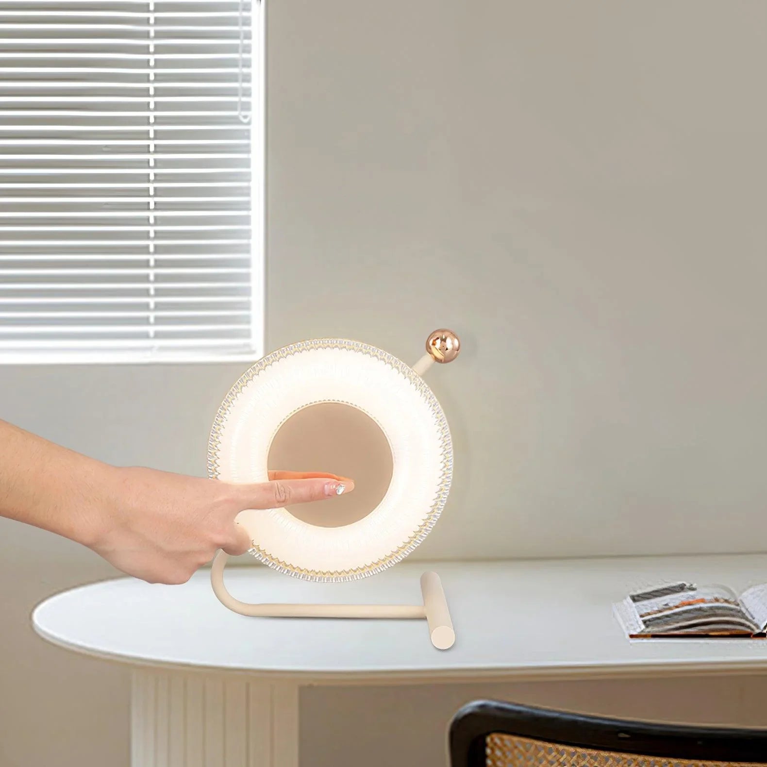 Modern pink and dark gray touch switch table lamp on desk, illuminated, YH Lamps home lighting