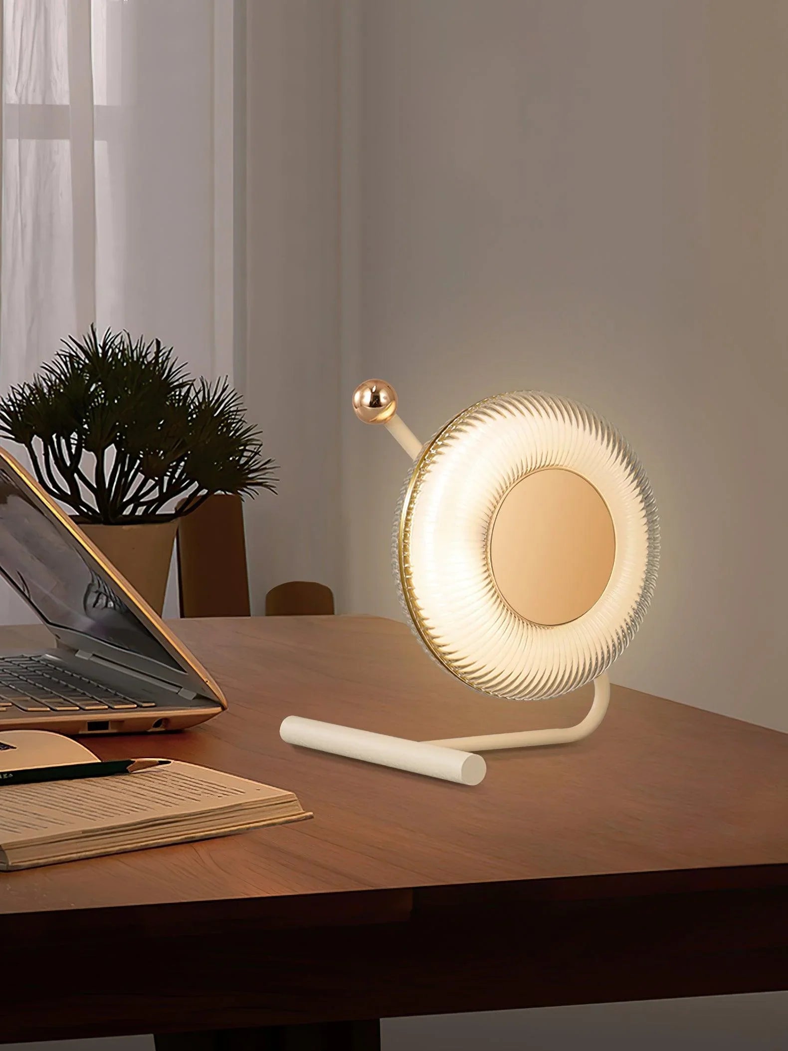 Modern circular table lamp with touch switch on wood desk, warm light, YH Lamps