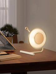 Modern circular table lamp with touch switch on wood desk, warm light, YH Lamps