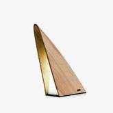 Modern triangular wooden table lamp with warm light, minimalist design by YH Lamps