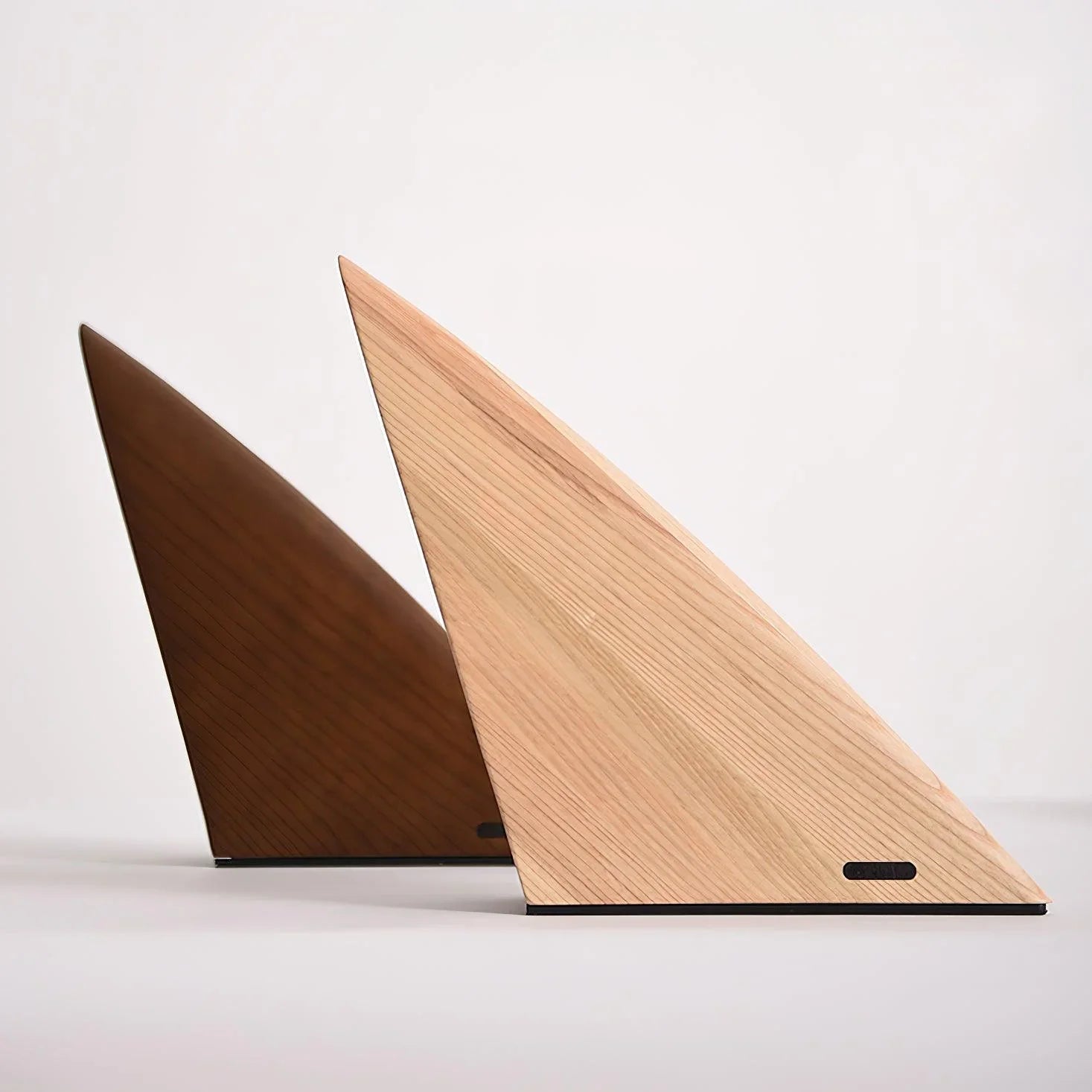 Modern triangular wooden table lamps with warm light on a white background, YH Lamps