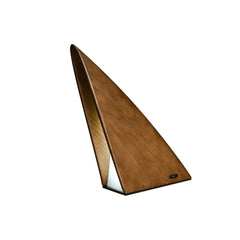 Modern triangular wood table lamp with warm light, minimalist design from YH Lamps