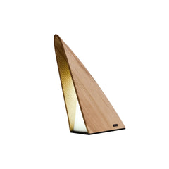 Modern triangular wood table lamp with warm light, minimalist YH Lamps design