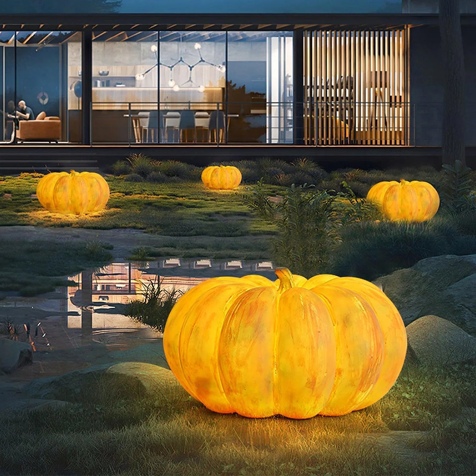 Outdoor yellow pumpkin-shaped portable lamps glowing in modern garden, YH Lamps lighting decor