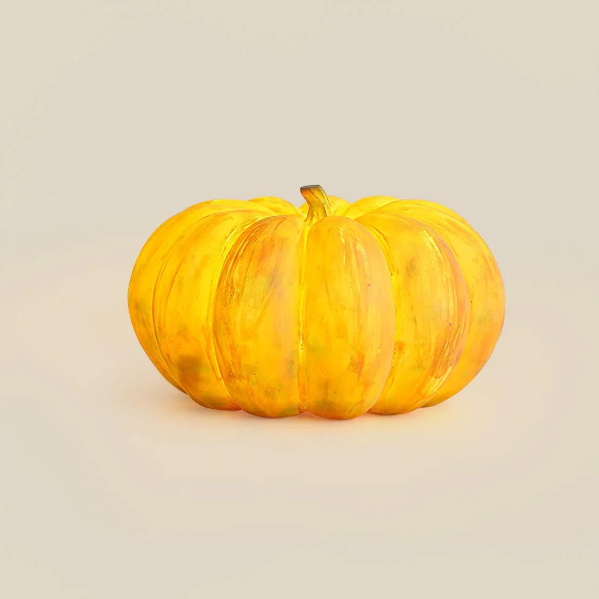Yellow pumpkin-shaped portable table lamp on neutral background, YH Lamps home lighting