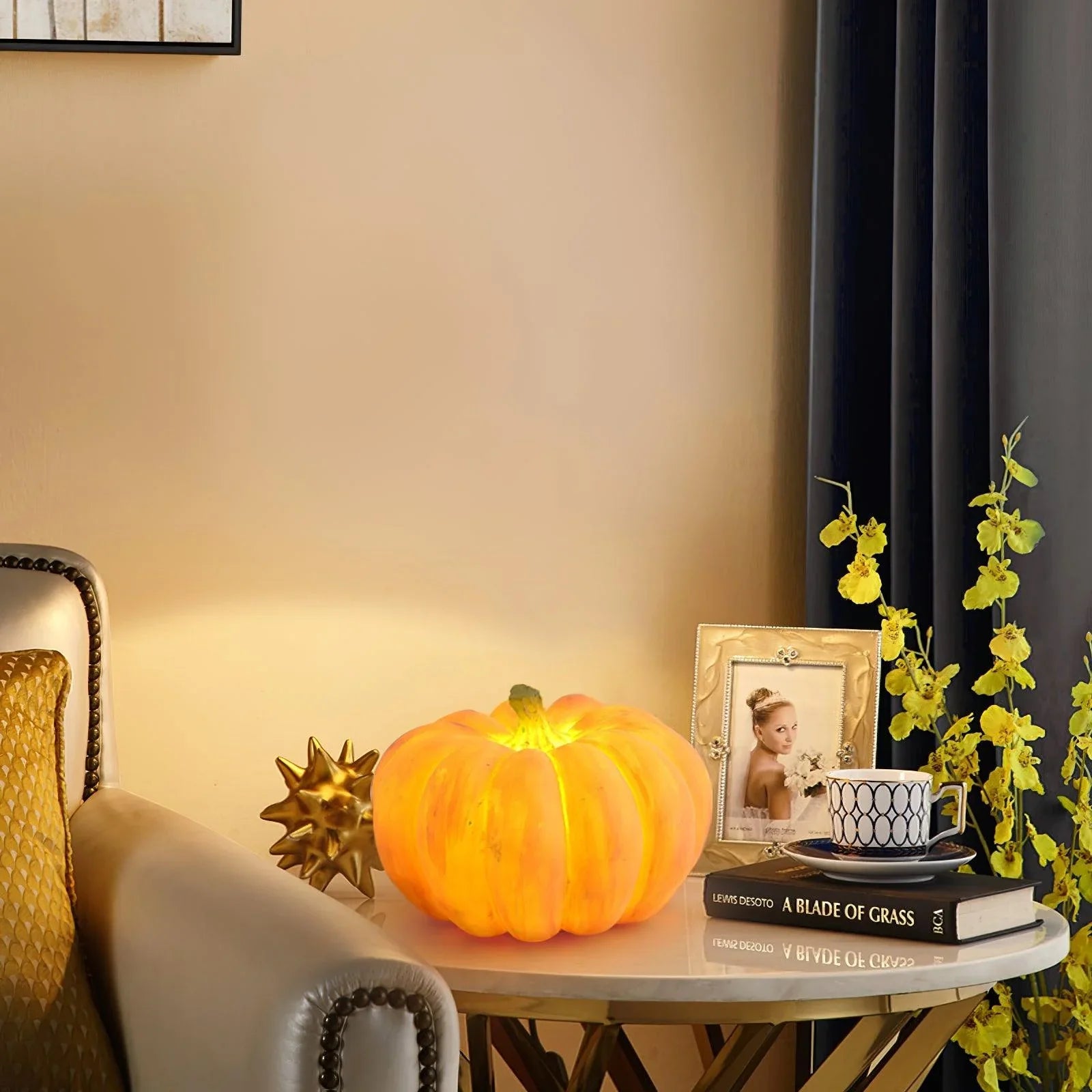 Yellow pumpkin-shaped portable table lamp with built-in battery on marble side table, YH Lamps