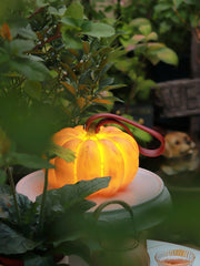 Yellow pumpkin-shaped portable table lamp with handle, glowing on garden table, YH Lamps