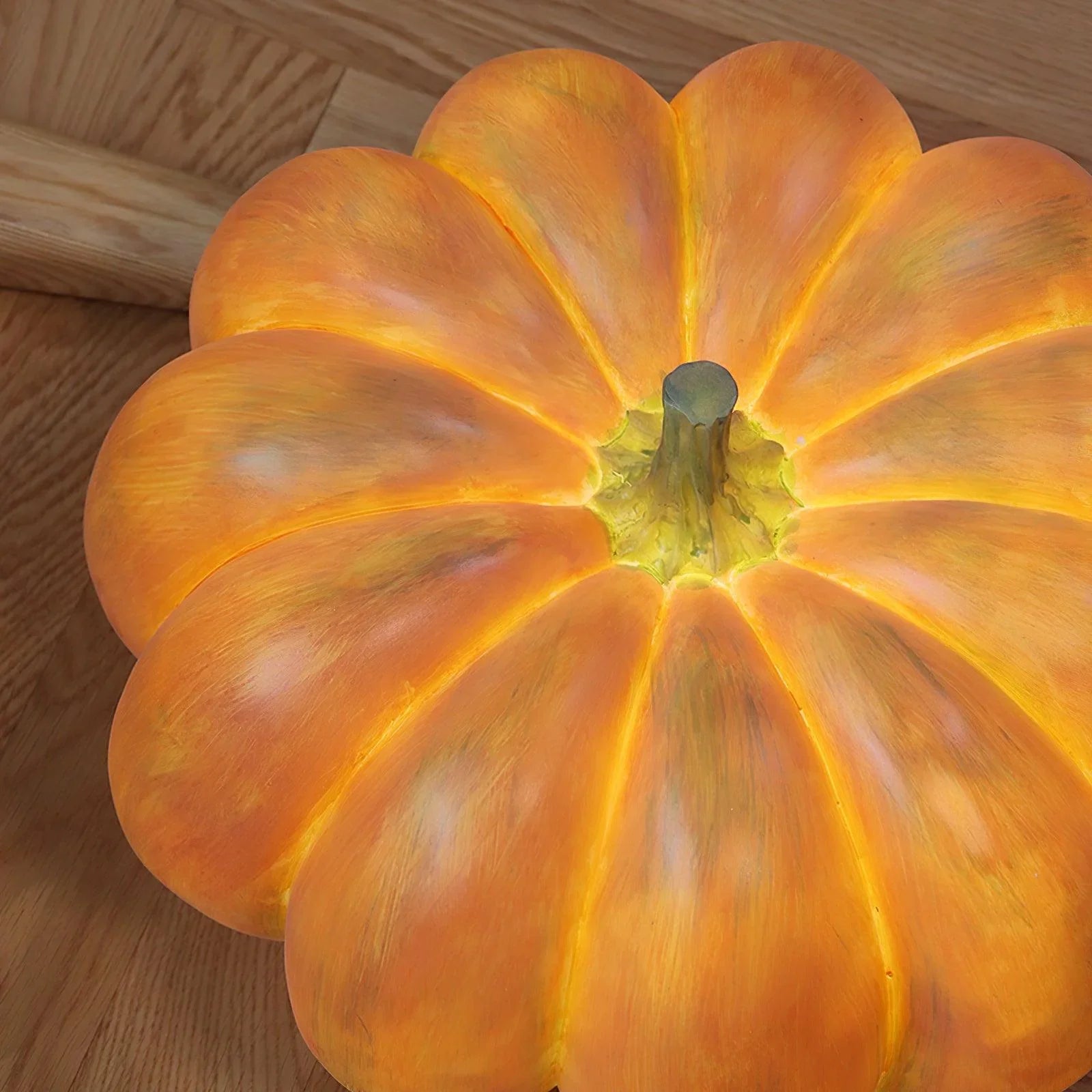 Yellow pumpkin-shaped portable table lamp with built-in battery on wood floor, YH Lamps