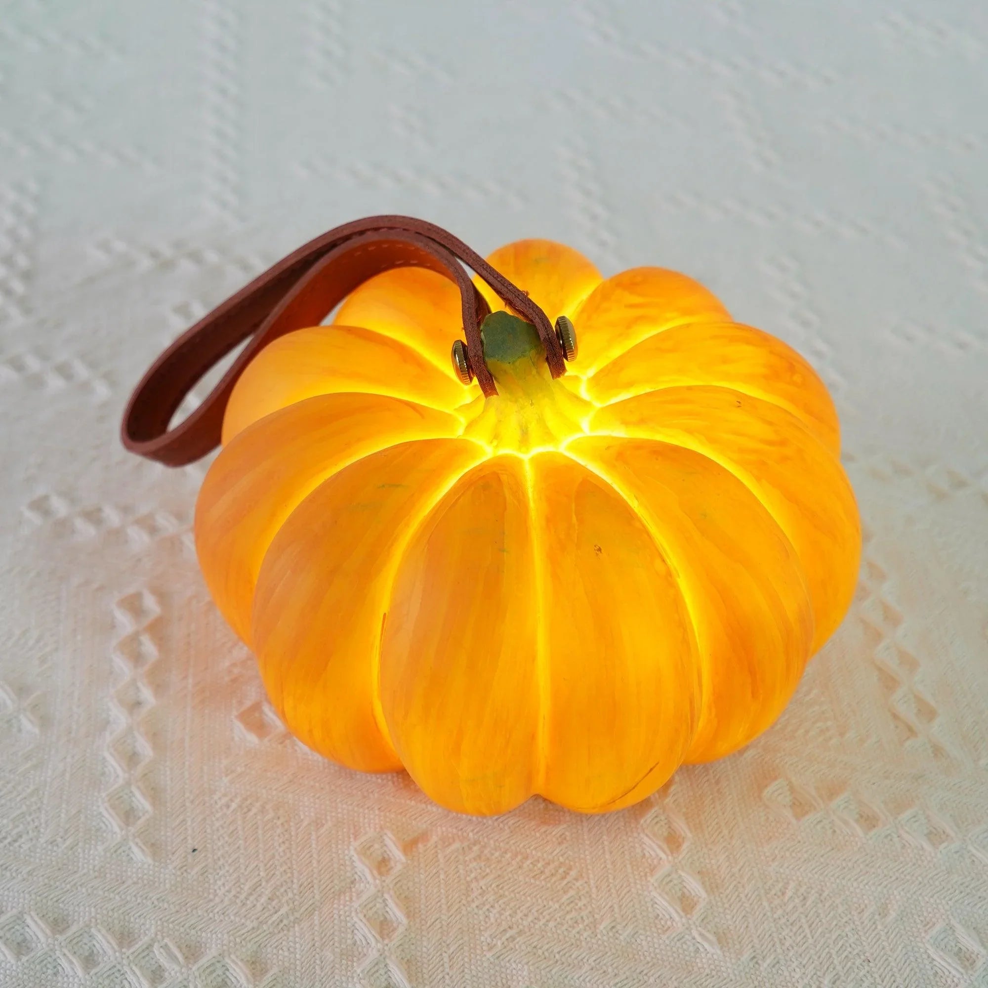 Yellow pumpkin-shaped portable table lamp with leather handle, YH Lamps modern lighting