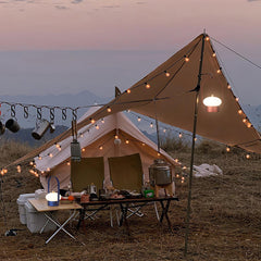 Modern dark red portable table lamp with touch switch on outdoor camping table at sunset, YH Lamps