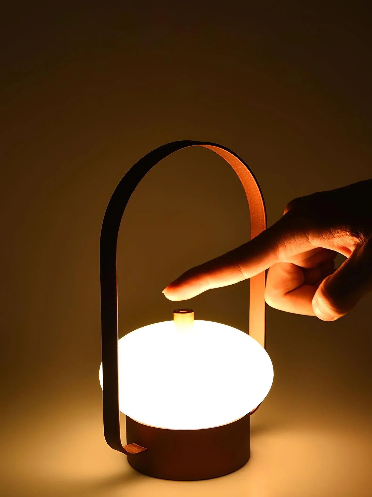 Modern dark red portable table lamp with touch switch and built-in battery, glowing softly