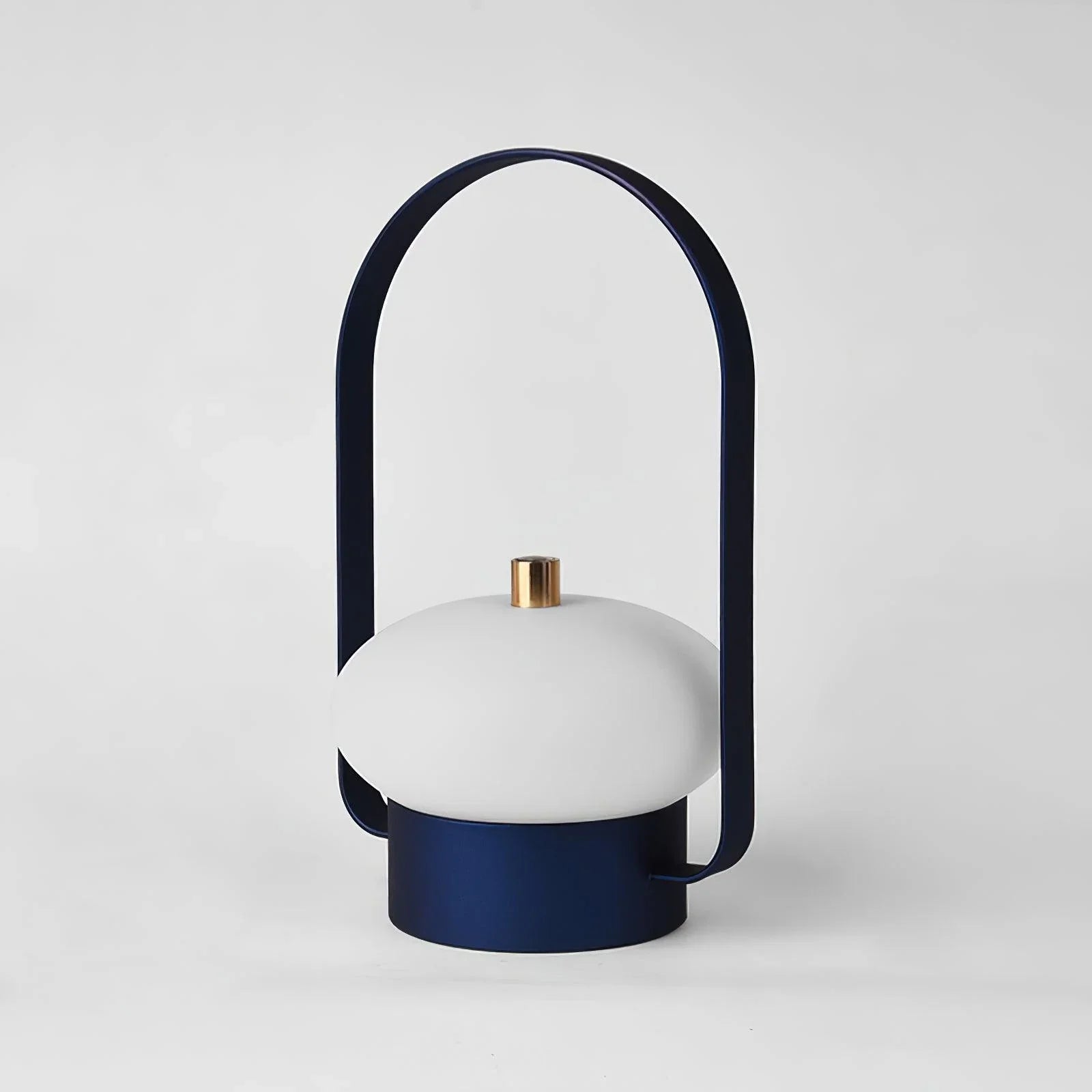 Modern portable table lamp with dark blue frame, white shade, and gold accent from YH Lamps