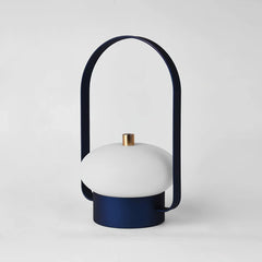 Modern portable table lamp with dark blue frame, white shade, and gold accent from YH Lamps