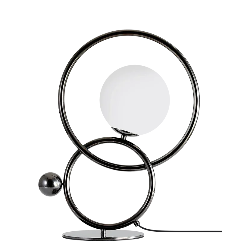 Modern double ring table lamp with walnut finish, designer lighting by YH Lamps