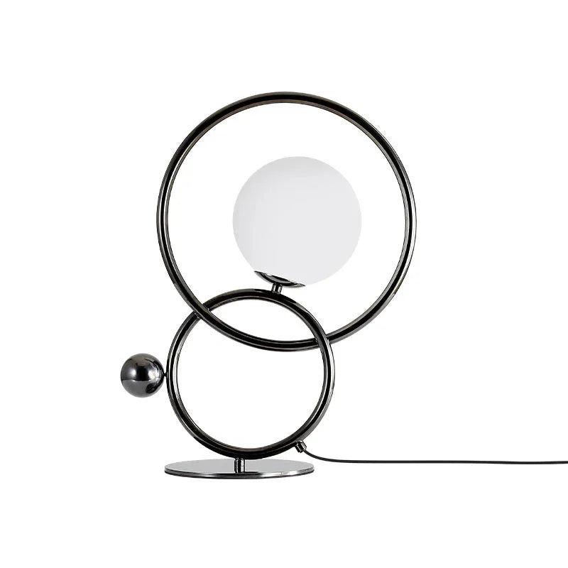 Modern designer table lamp with double rings and white globe from YH Lamps
