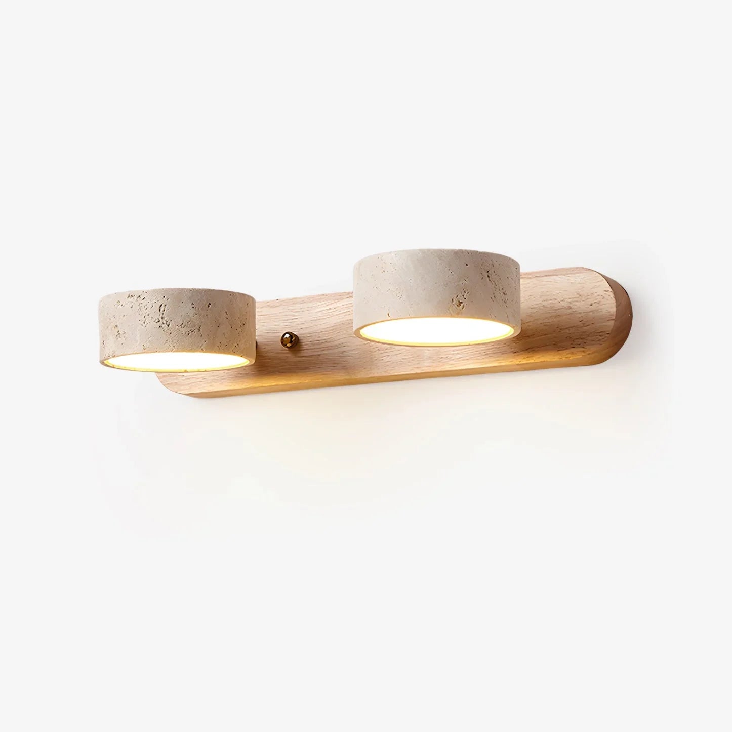Modern 2-light walnut and travertine wall lamp emitting warm light, minimalist design