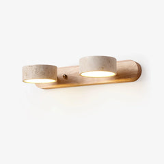 Modern 2-light walnut and travertine wall lamp emitting warm light, minimalist design