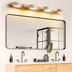 Modern walnut wall lamp with four warm round lights above bathroom mirror and dual sinks