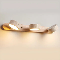 Modern 3-light wall lamp with walnut wood base and warm travertine shades illuminating wall