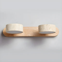 Modern 2-light wall lamp with walnut base and travertine round shades, warm ambient lighting