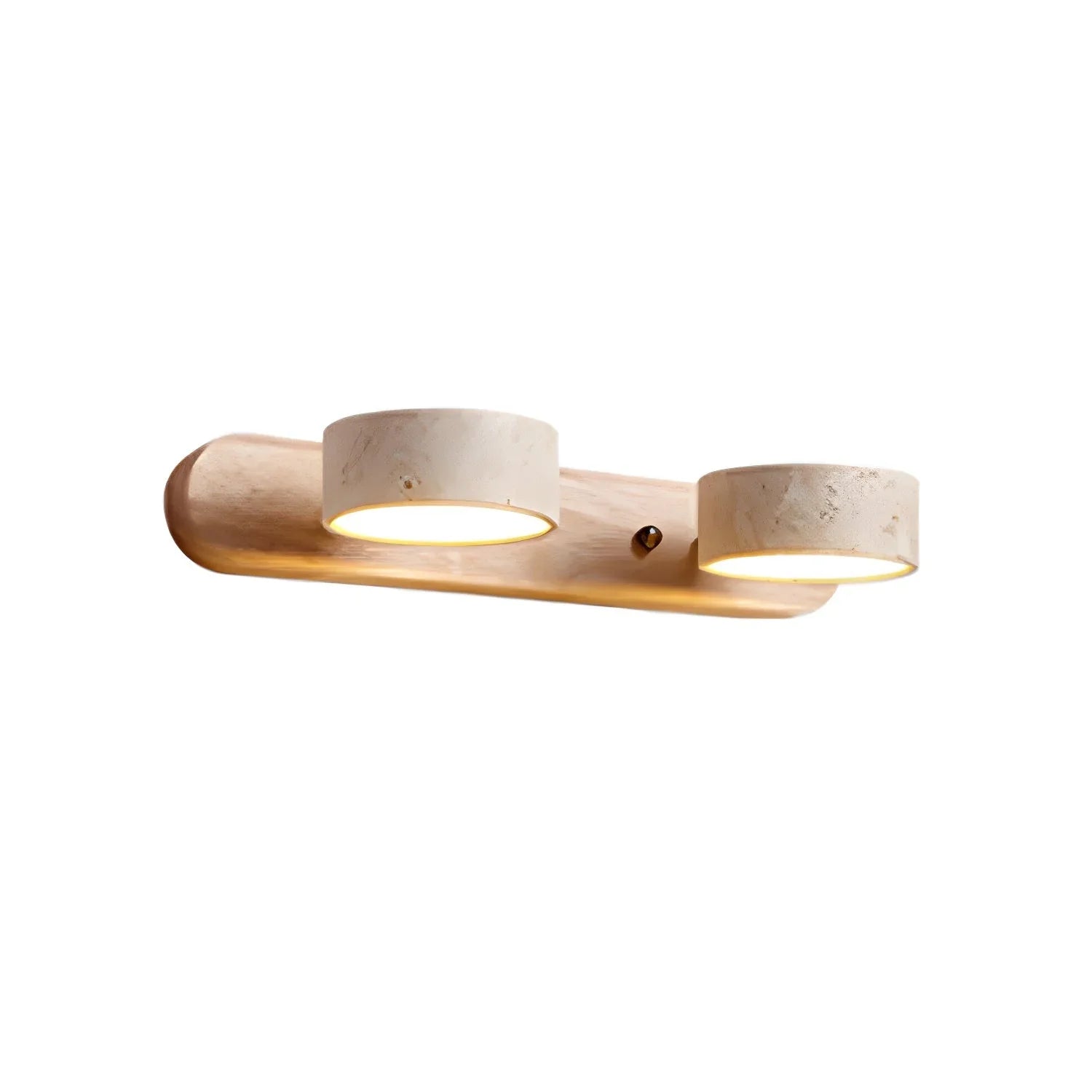 modern wall lamp with two warm travertine light fixtures on walnut base