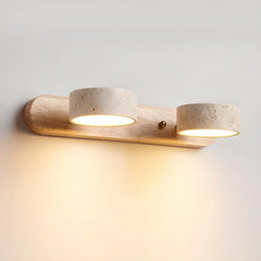 Modern 2-light wall lamp with walnut wood base and travertine lampshades emitting warm light