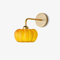 Yellow gold pumpkin-shaped wall lamp with round wooden mount, modern sconce by YH Lamps