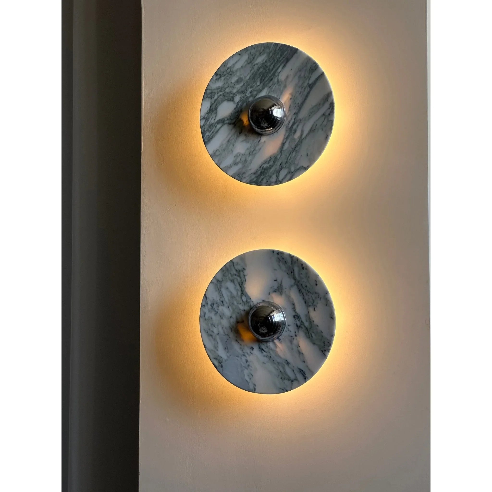 Modern marble wall sconces with warm LED backlighting, YH Lamps stylish home lighting.