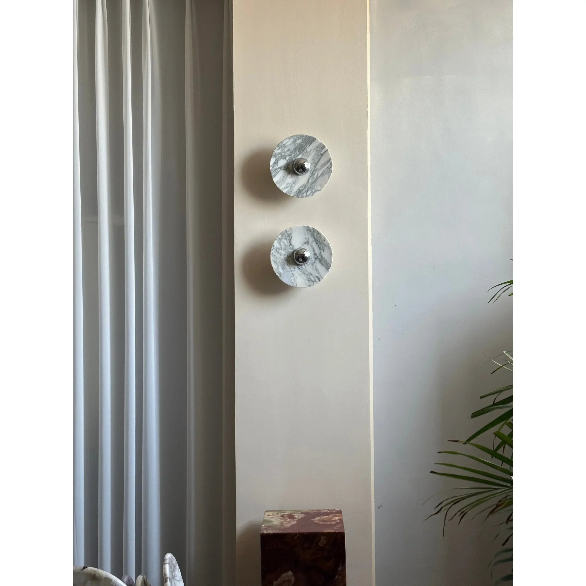 Modern marble wall lamps with chrome accents on a neutral wall, YH Lamps home lighting