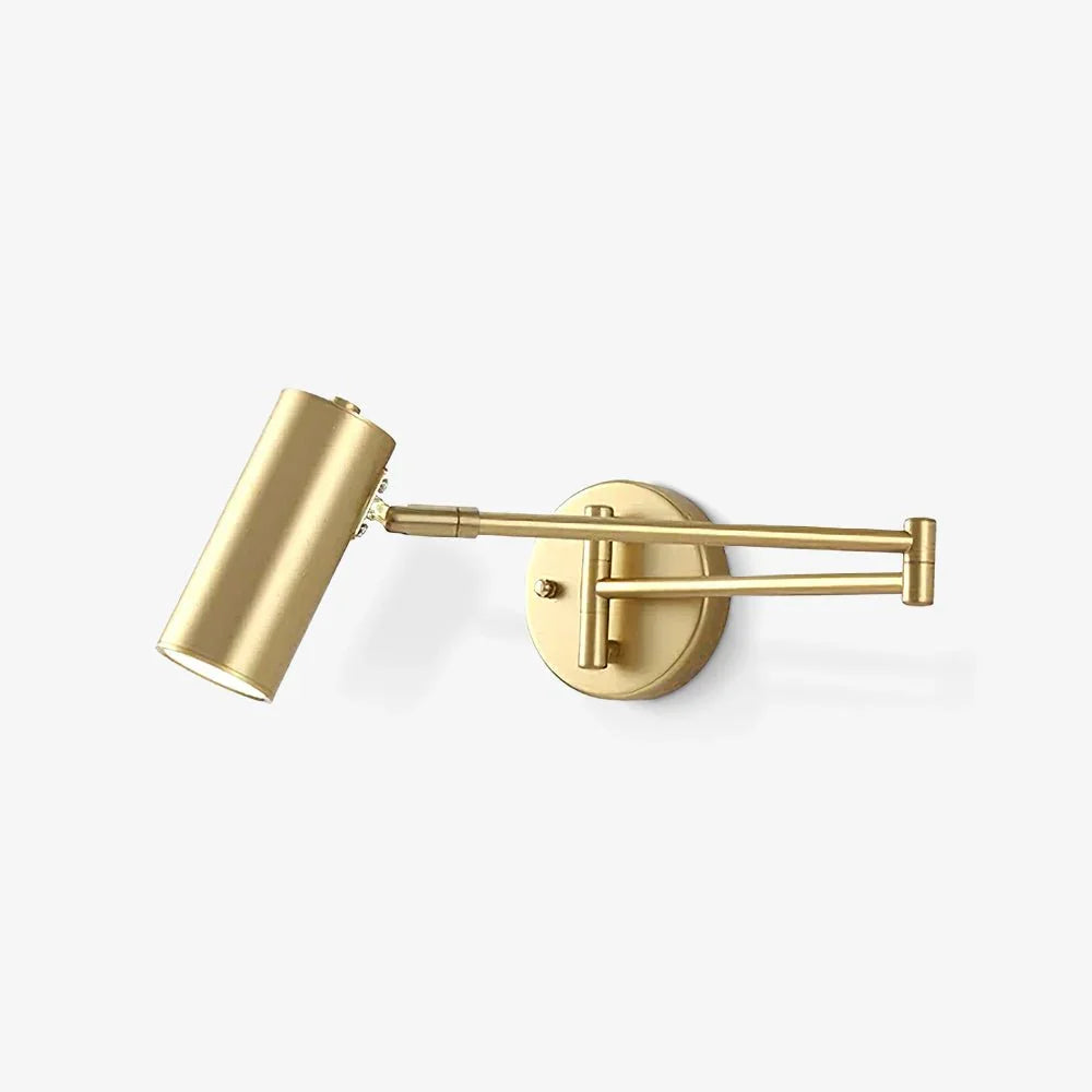 Gold swing arm wall lamp with cylindrical shade and wall switch, modern adjustable wall sconce