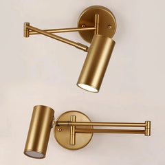 Modern gold swing arm wall lamp with adjustable cylindrical shade and warm light from YH Lamps