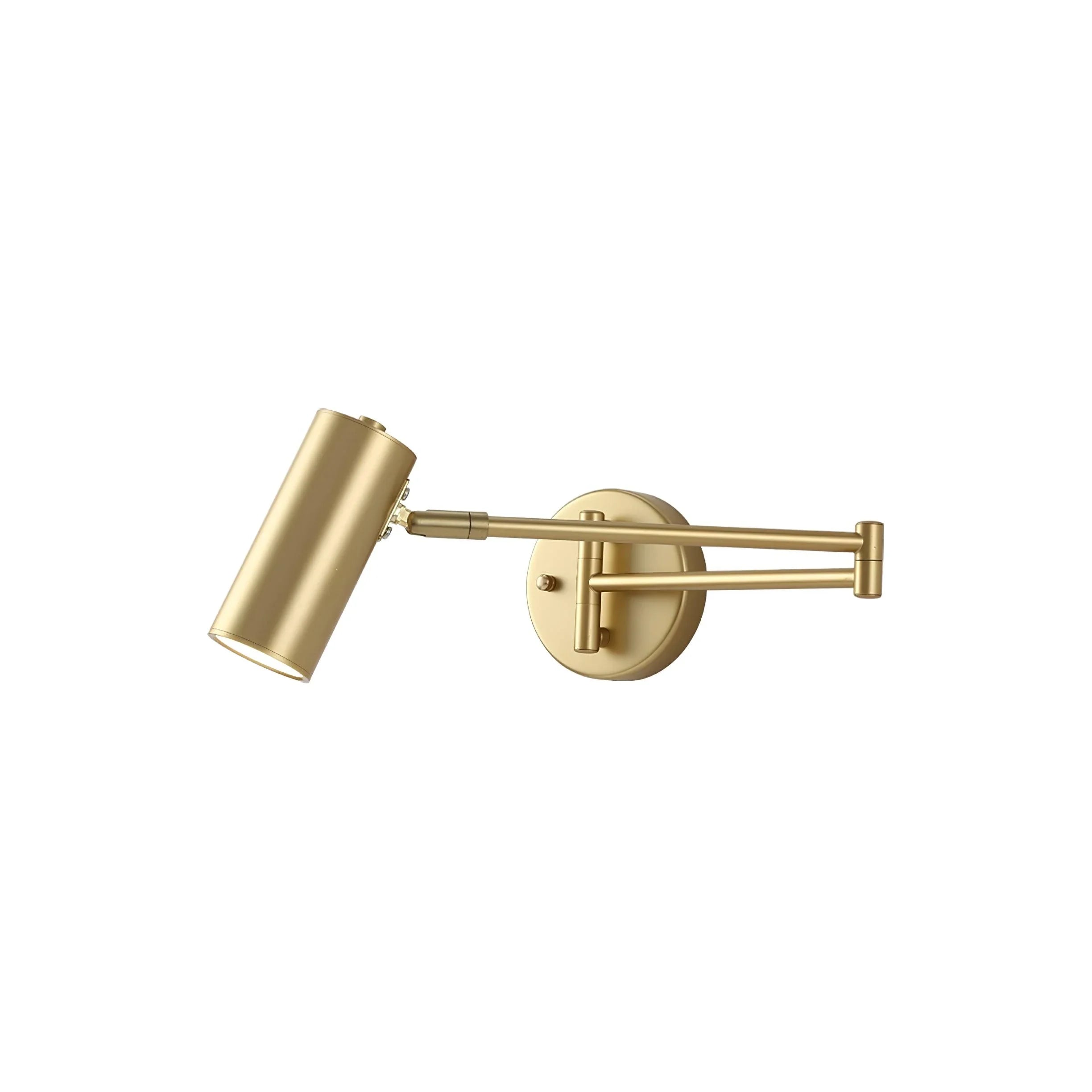 Gold swing arm wall sconce with cylindrical shade and wall switch for modern home lighting