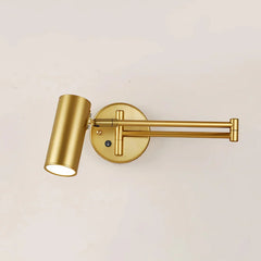 Modern gold swing arm wall lamp with adjustable cylindrical shade and wall switch