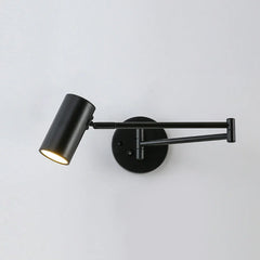 Modern black swing arm wall lamp with cylinder shade and wall switch, minimalist design