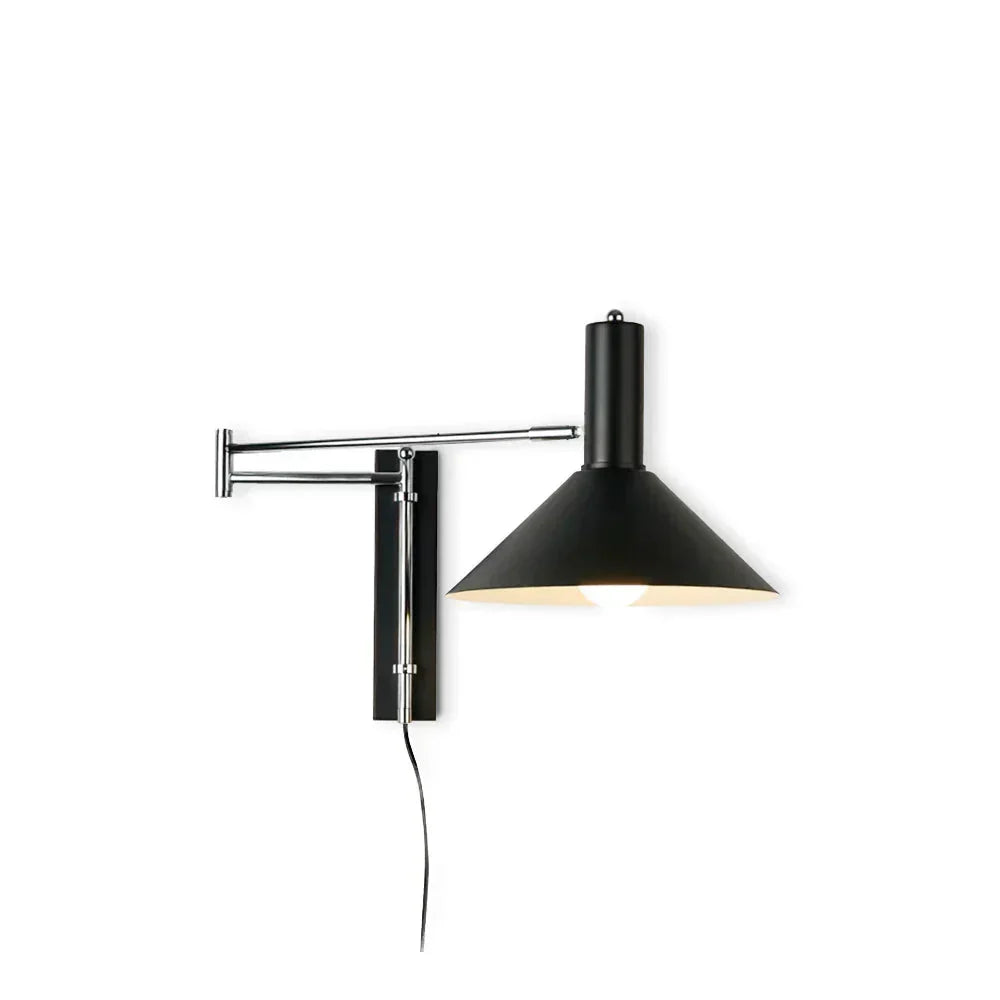Modern black plug-in wall lamp with adjustable arm and conical shade against white background