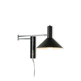 Modern black plug-in wall lamp with adjustable arm and conical shade against white background