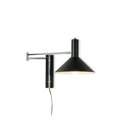 Modern black plug-in wall lamp with adjustable arm and conical shade against white background