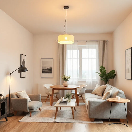 Modern living room with warm pendant, floor, and side-table lamps creating cozy ambient lighting