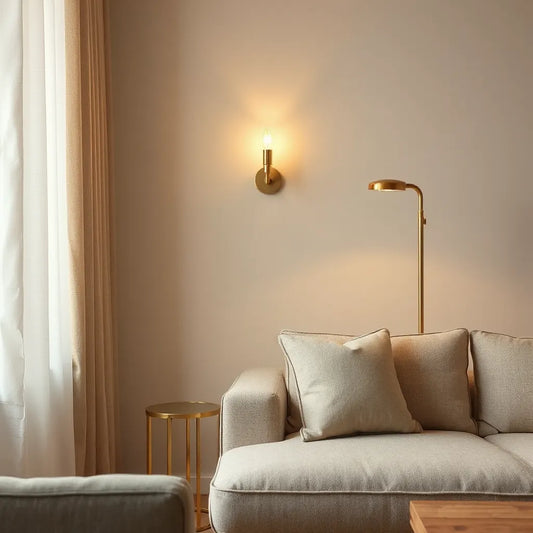 Brass wall sconce and floor lamp with warm light in a modern living room