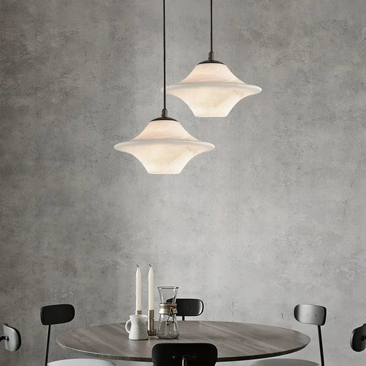 Modern designer pendant lamps above round dining table in minimalist room, YH Lamps lighting