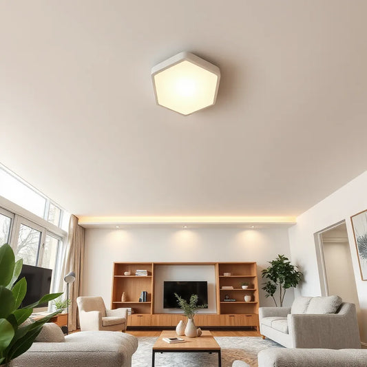 Minimalist flush-mount ceiling light glowing above a clean, modern living room