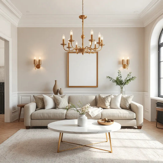 Warm brass chandelier and glass wall sconces illuminating an elegant living room