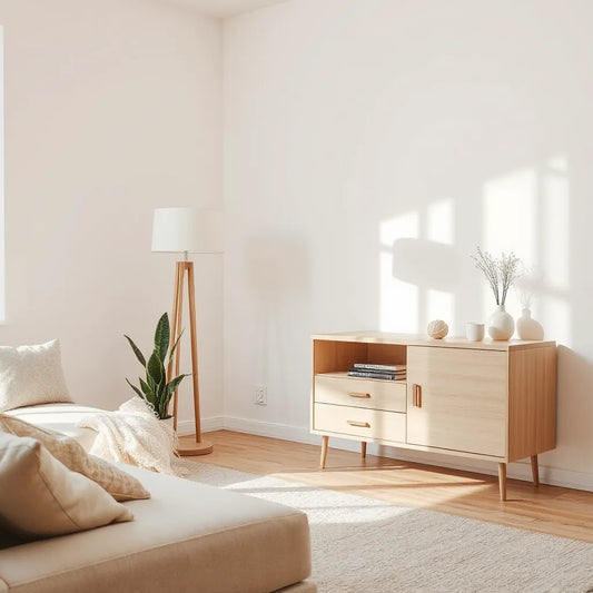 Modern floor and table lamps in a bright minimalist living room with warm ambient light