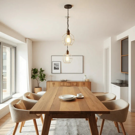 Unique pendant lights hanging above a minimalist dining table in a modern living space