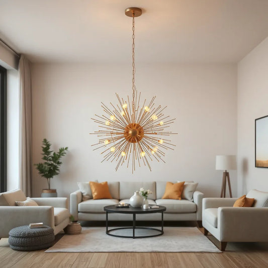 Starburst LED chandelier with filament-like bulbs glowing in a modern living room