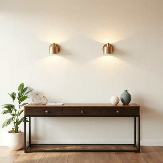 Warm-glowing contemporary wall sconces mounted on a neutral living room wall