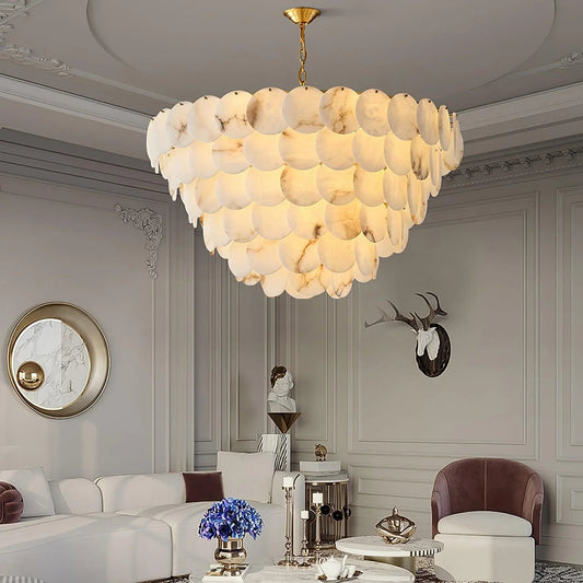 Modern alabaster shell chandelier in luxury living room, YH Lamps designer lighting
