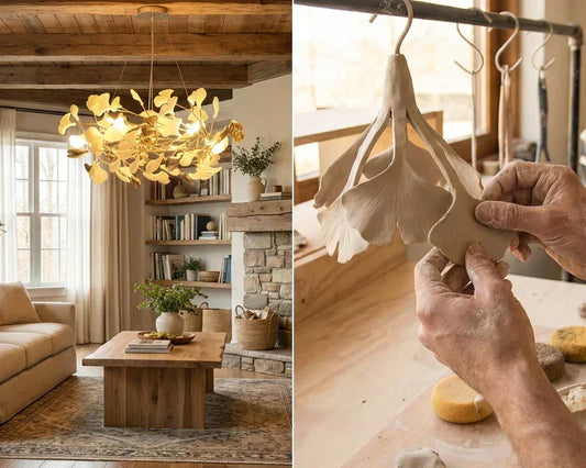 Modern ceramic ginkgo leaf chandelier in cozy living room and artisan handcrafting light fixture