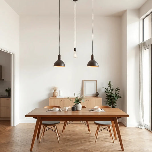 Contemporary pendant lights hanging above a minimalist dining table in a modern room